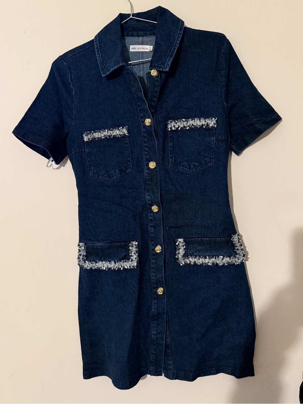 Avec Les Filles Dark Indigo Denim dress with Gold Buttons